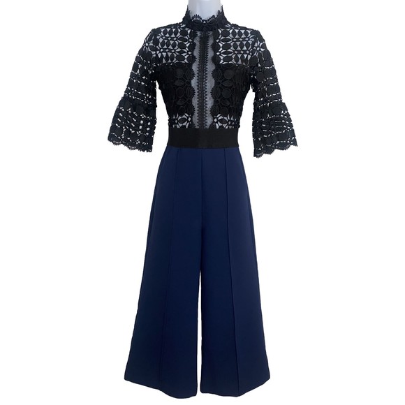 Self Portrait Black Navy Lace Mock Neck Wide Leg Jumpsuit Women's Size 0